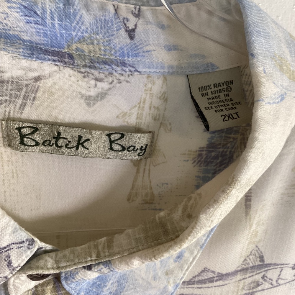 Batik Bay Mens 2XLT Hawaiian Shirt Blue Tan Fish Palm Tree Tropical Rayon Tall - Picture 6 of 7